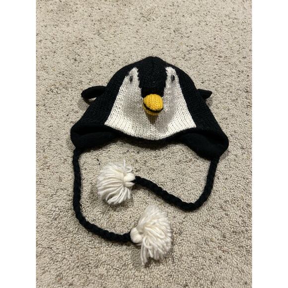 Youth Penguin Knit WOOL HAT from Nepal Fleece Lined EAR FLAPS Black Winter H25 - Picture 2 of 9